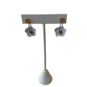 Polymer Clay Small White Flower Drop Earrings w/ Gold Toned & Pave Accents